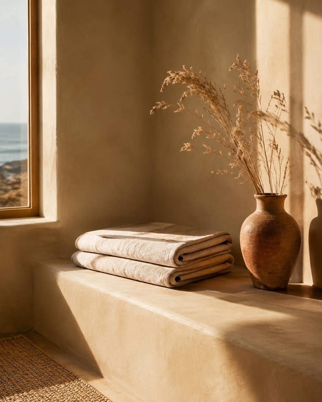 Folded linen towels and dried grasses in a clay vase on a sunlit plaster bench, the ocean visible through a window