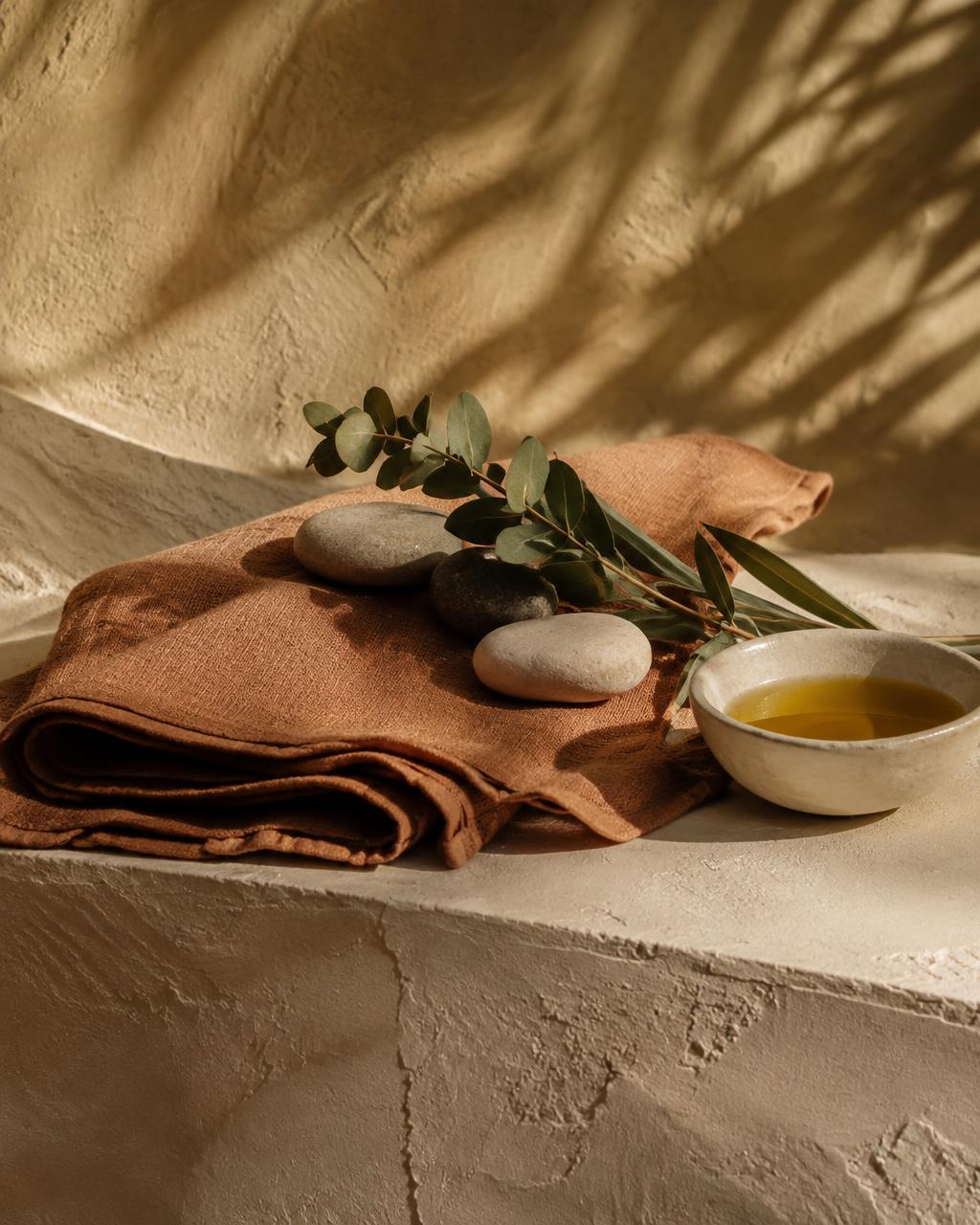 Folded clay linen towel, smooth stones, eucalyptus and a bowl of oil on a plaster ledge